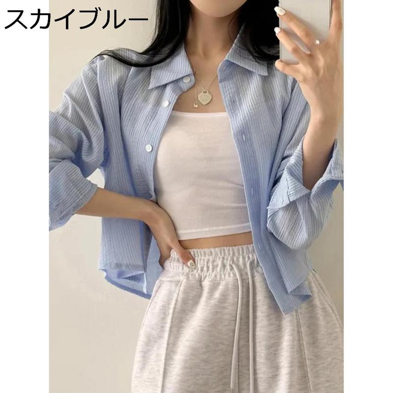 シャツ ブラウス レディース ストライプ柄 ショート丈 トップス 