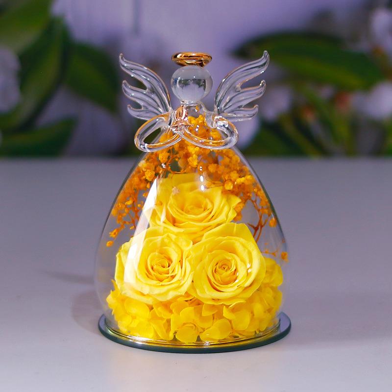 永遠の花 ガラスドーム プリザーブドフラワー プレゼント 天使 三輪