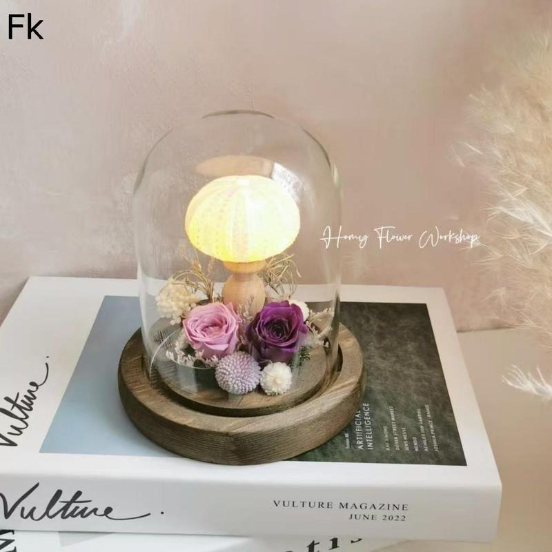 キノコ LEDライト 永遠の花 ガラスドーム プリザーブドフラワー 木製