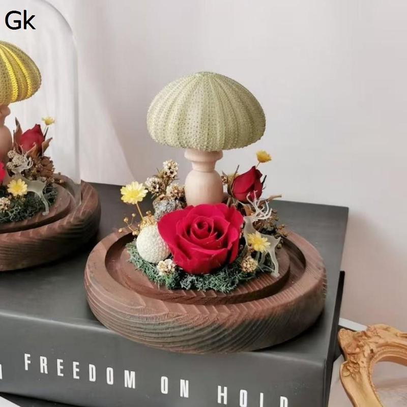 キノコ LEDライト 永遠の花 ガラスドーム プリザーブドフラワー 木製