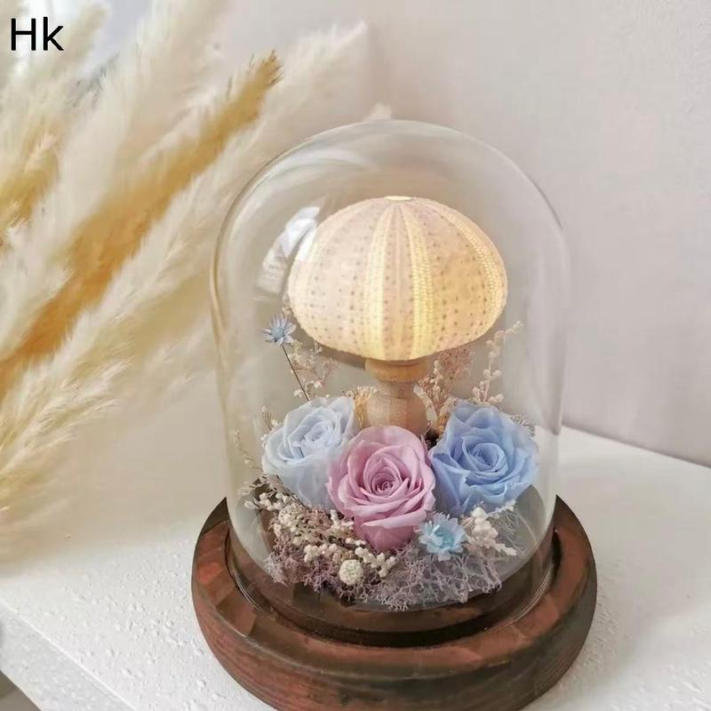 キノコ LEDライト 永遠の花 ガラスドーム プリザーブドフラワー 木製