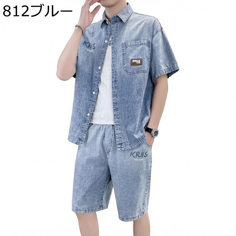 デニム セットアップ メンズ 上下セット 半袖 シャツ ハーフパンツ