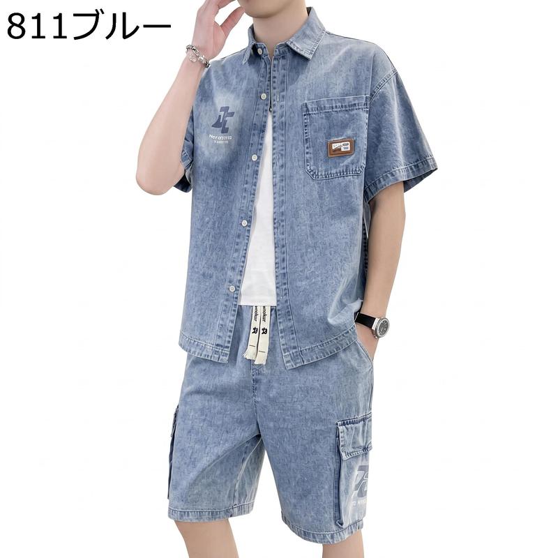 デニム セットアップ メンズ 上下セット 半袖 シャツ ハーフパンツ