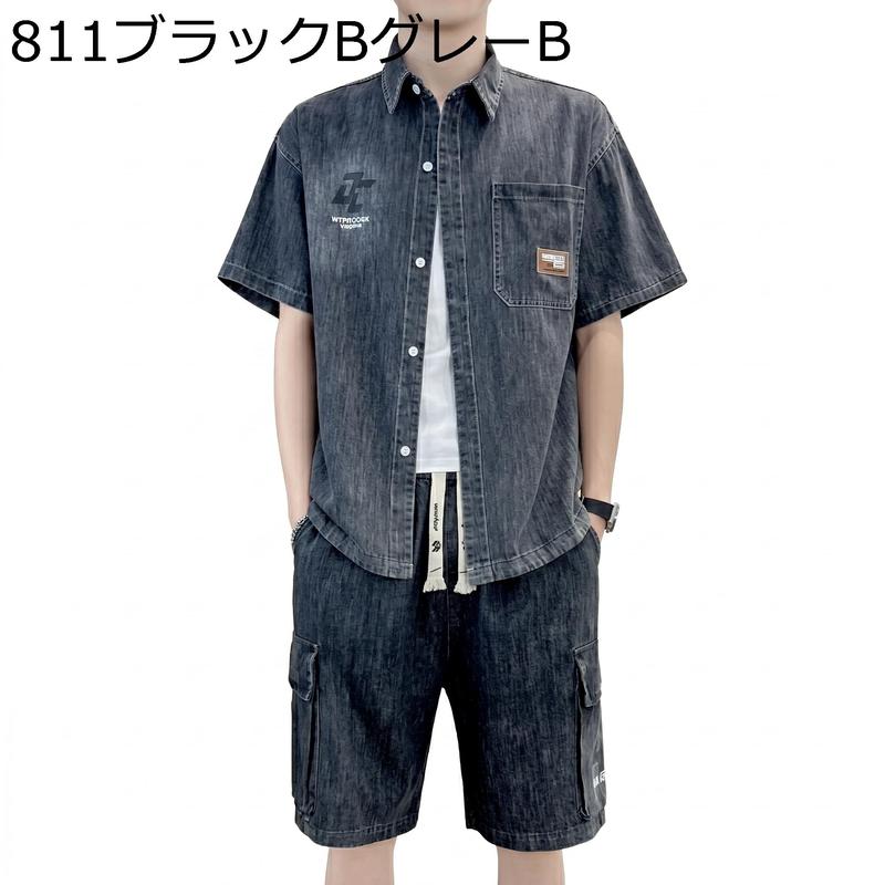 デニム セットアップ メンズ 上下セット 半袖 シャツ ハーフパンツ
