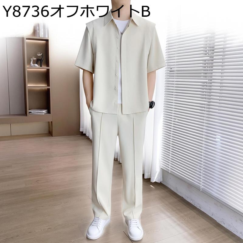 セットアップ メンズ 上下セット 半袖 シャツ ロングパンツ 襟付き