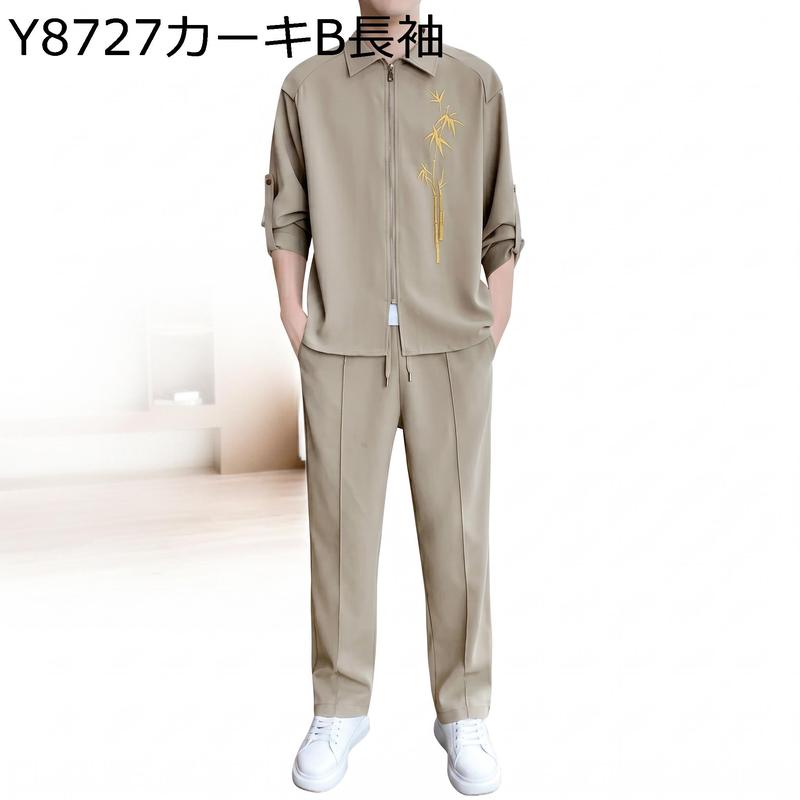 セットアップ メンズ 上下セット 半袖 シャツ ロングパンツ 襟付き