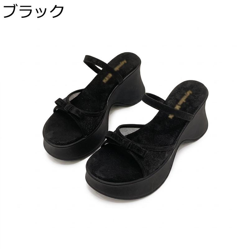 厚底サンダル レディース ミュール チュール リボン ウェッジソール
