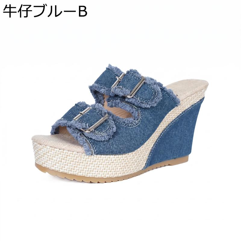 美品 シャネル デニム 厚底 ウェッジ サンダル ミュール 23 CHANEL 夏