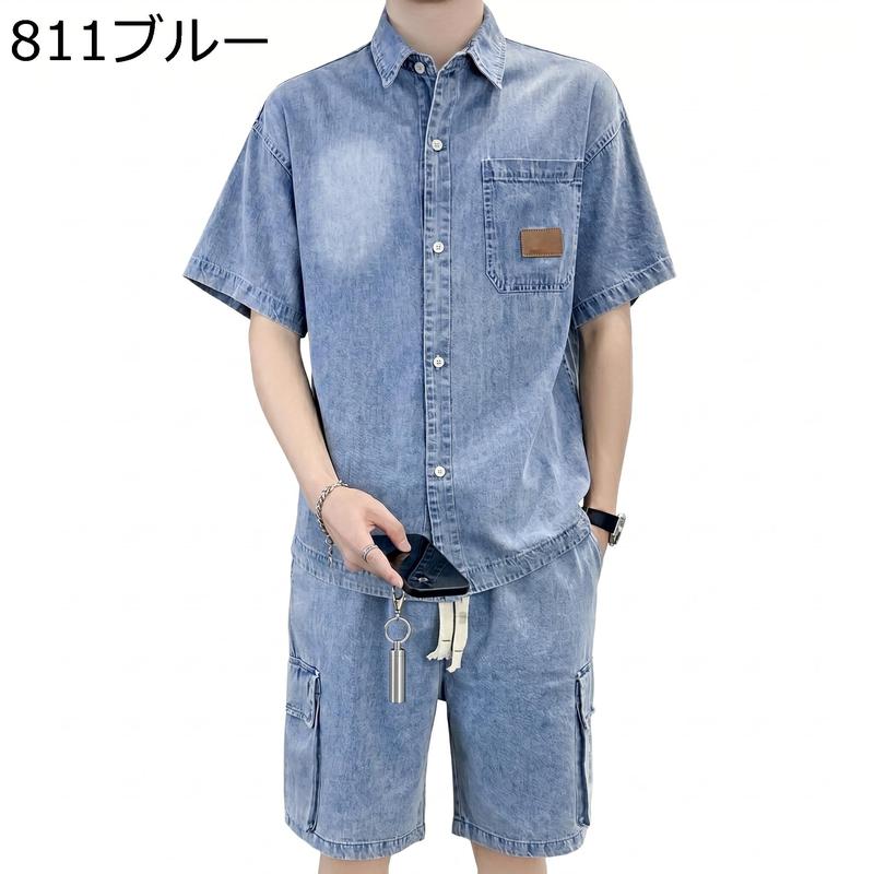 デニム セットアップ メンズ 上下セット 半袖シャツ ハーフパンツ