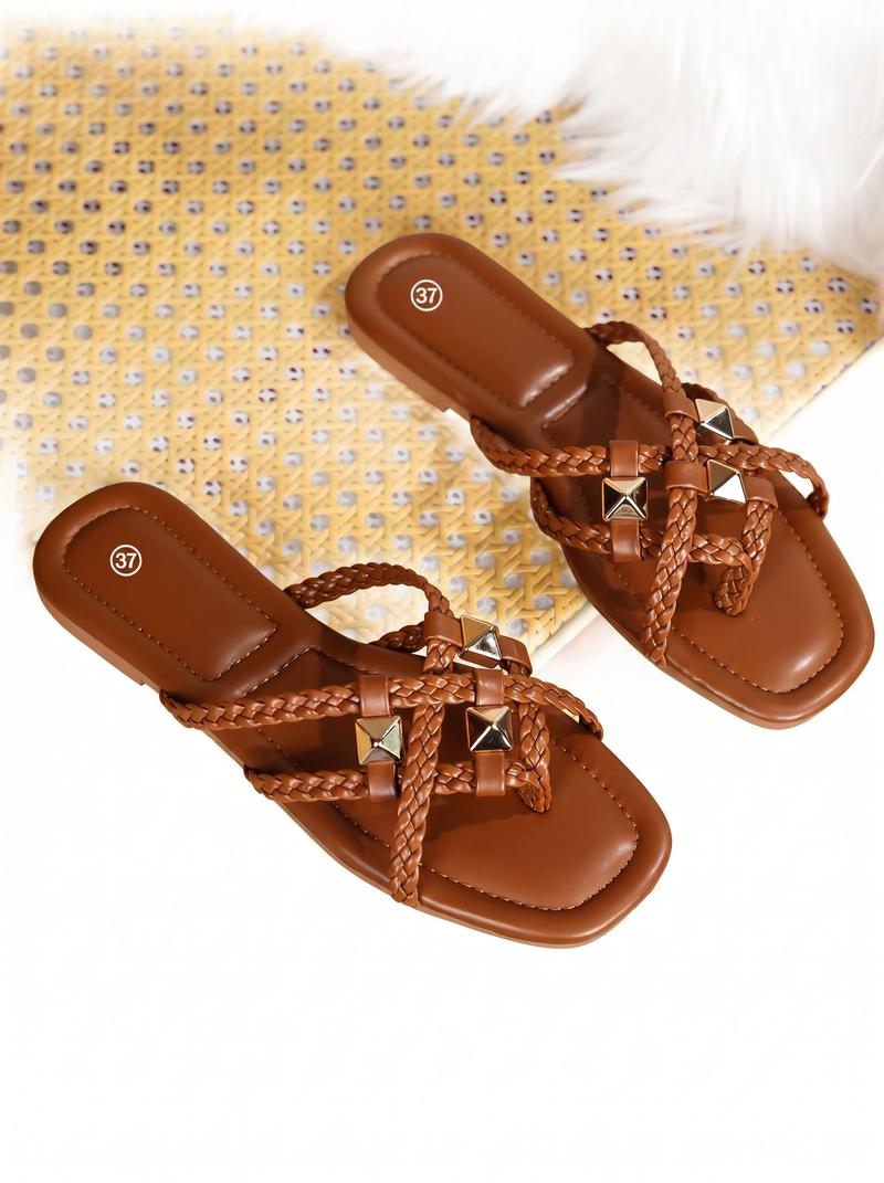 美品✨ SLIPPER サンダル ブラウン 編み込み サンダル レディース ぺたんこ スクエアトゥ 編み込み スタッズ