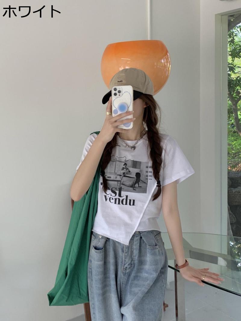 Tシャツ レディース 半袖 クロップド丈 韓国ファッション グラフィック