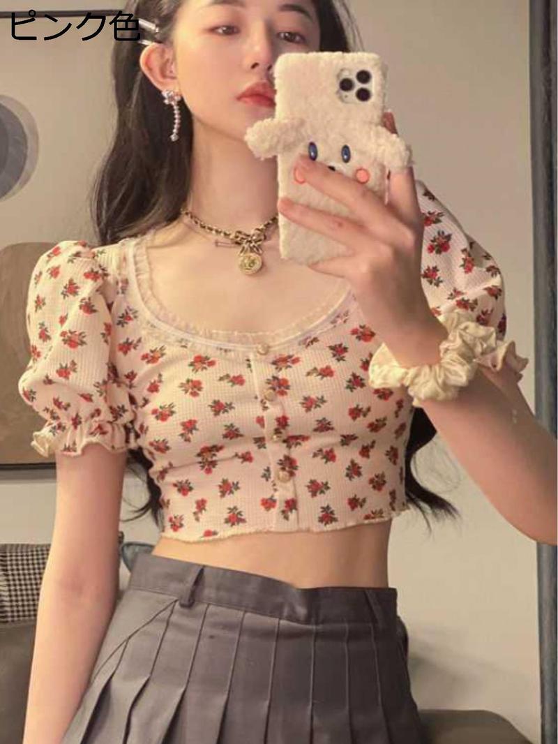 Tシャツ レディース 半袖 クロップド丈 花柄 トップス スクエアネック