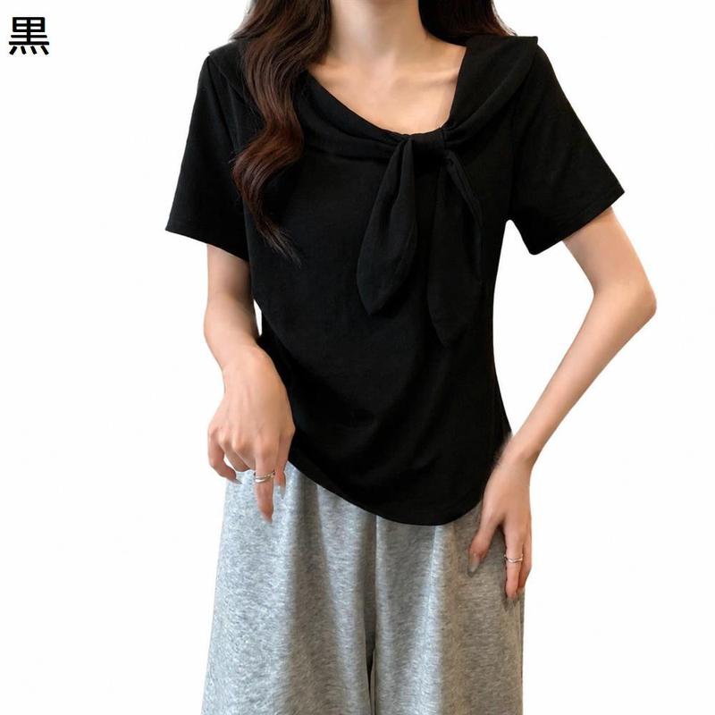 セーラーカラー Tシャツ 前リボン 半袖 レディース ブラウス 襟付き V