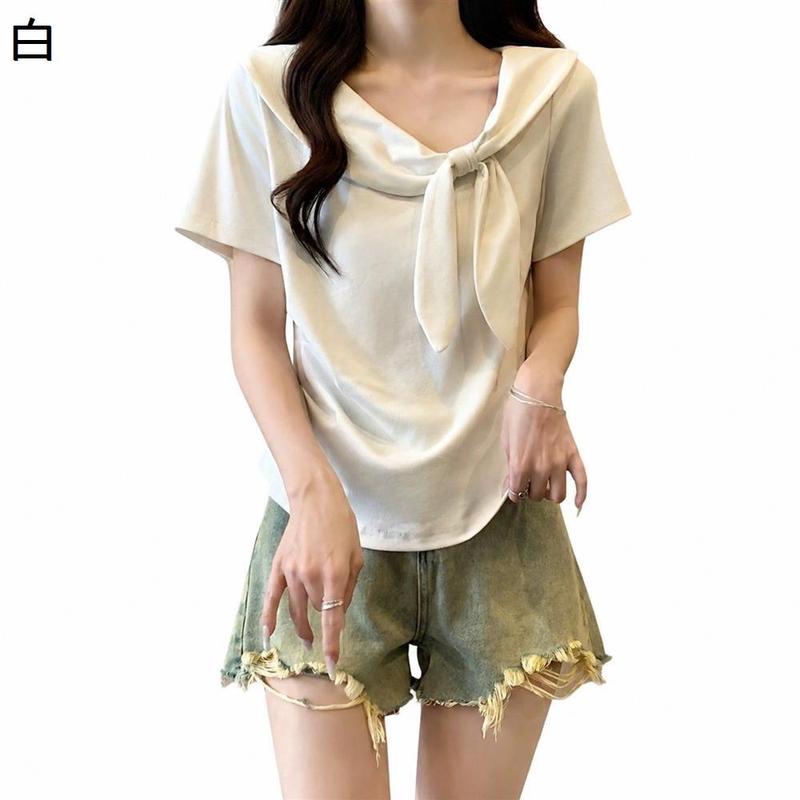 セーラーカラー Tシャツ 前リボン 半袖 レディース ブラウス 襟付き V