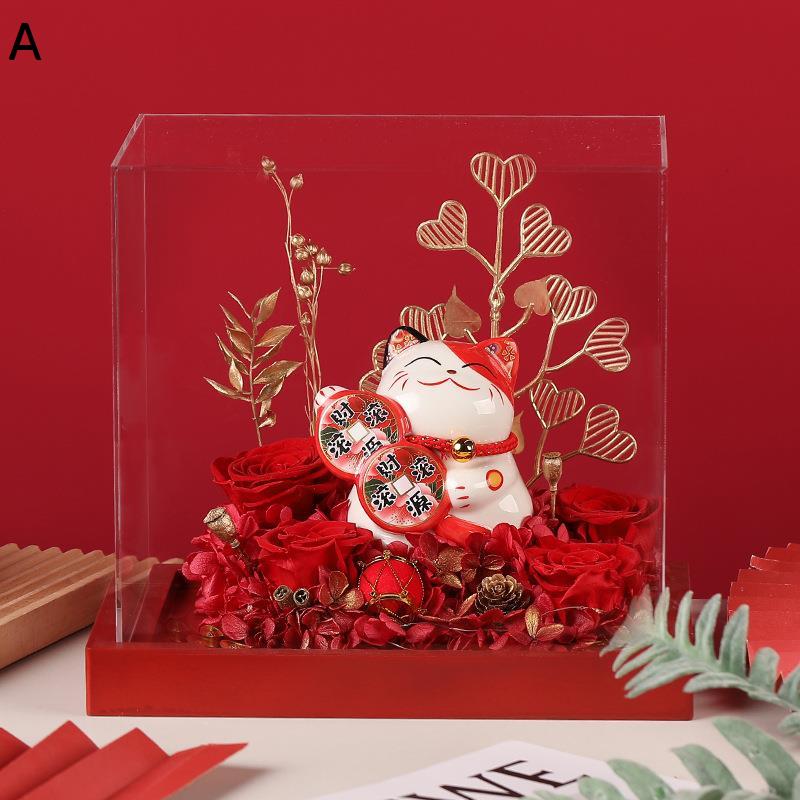 永遠の花 招き猫 赤バラ アクリルケース付き 金運アップ 開業祝い プリザーブドフラワー プレゼント ソープフラワー ギフト インテリア_1