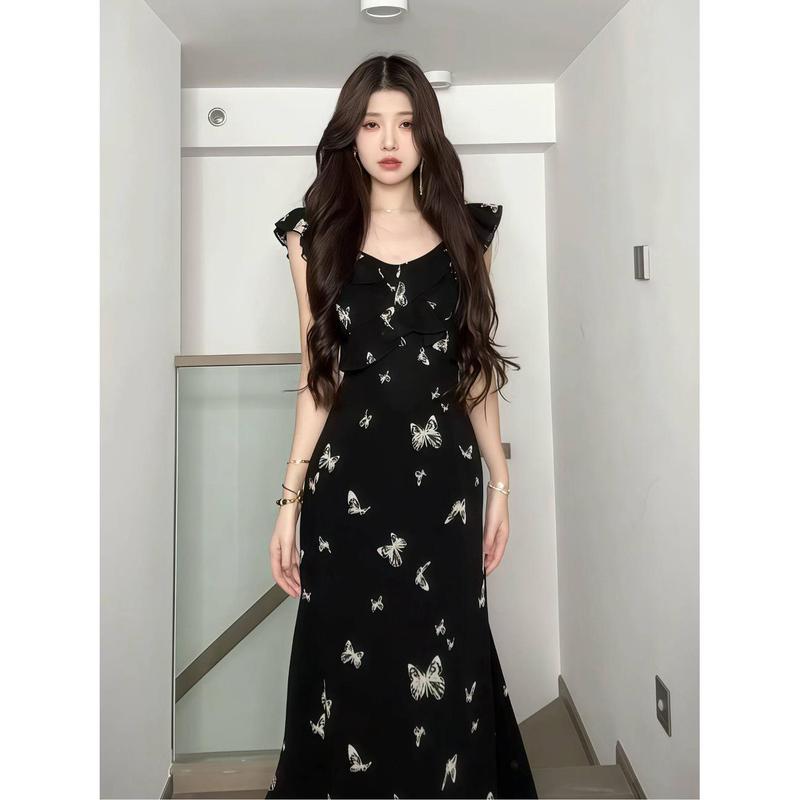ロングワンピース レディース 蝶柄 清楚 フェミニン フリル袖 ハート