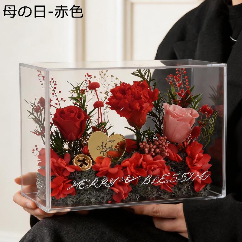 お洒落な花柄 赤縁 ガラス容器　インテリア プリザーブドフラワー モノトーンブルー アクリルボックス 母の日 枯れ
