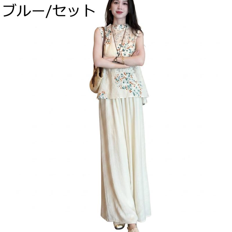セットアップ レディース 民族風 チャイナドレス 風 花柄 ノースリーブ