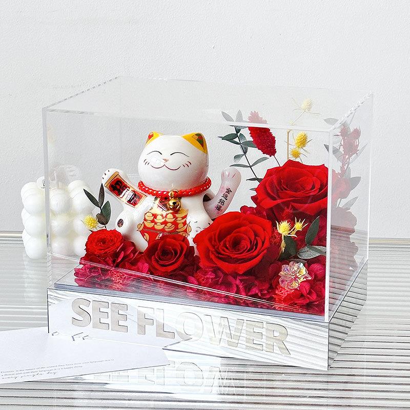 プリザーブドフラワー 永遠の花 招き猫 赤バラ アクリルケース付き 金