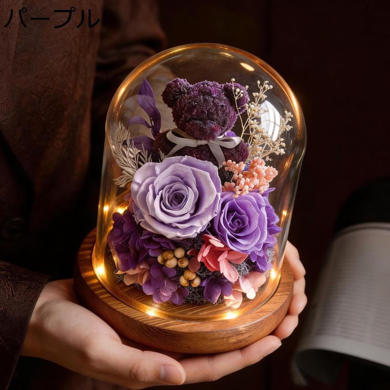 プリザーブドフラワー ガラスドーム 枯れない花 赤いバラ 熊 LEDライト