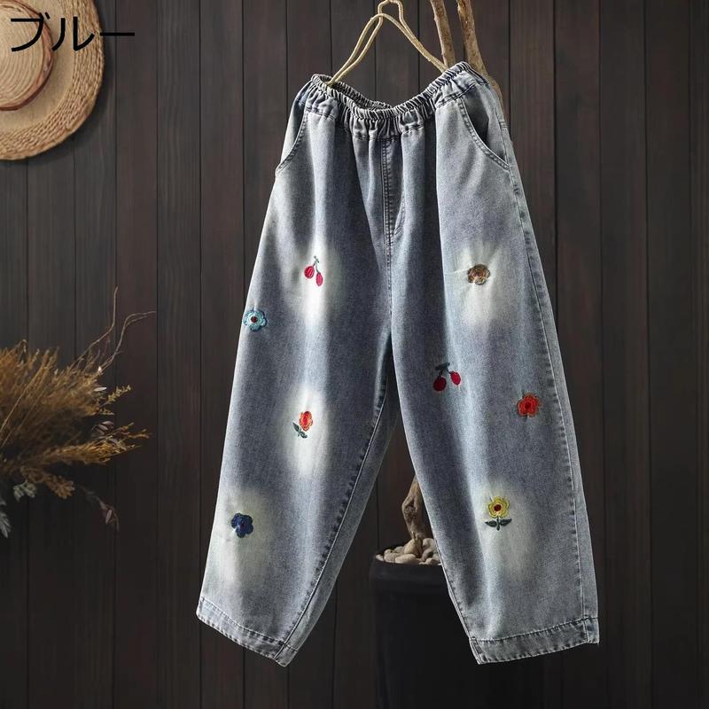 【Y's】デニム サルエルパンツ 刺繍ロゴ付き グレー系 デニムパンツ レディース ジーンズ 花柄 刺繍 さくらんぼ ワイドパンツ