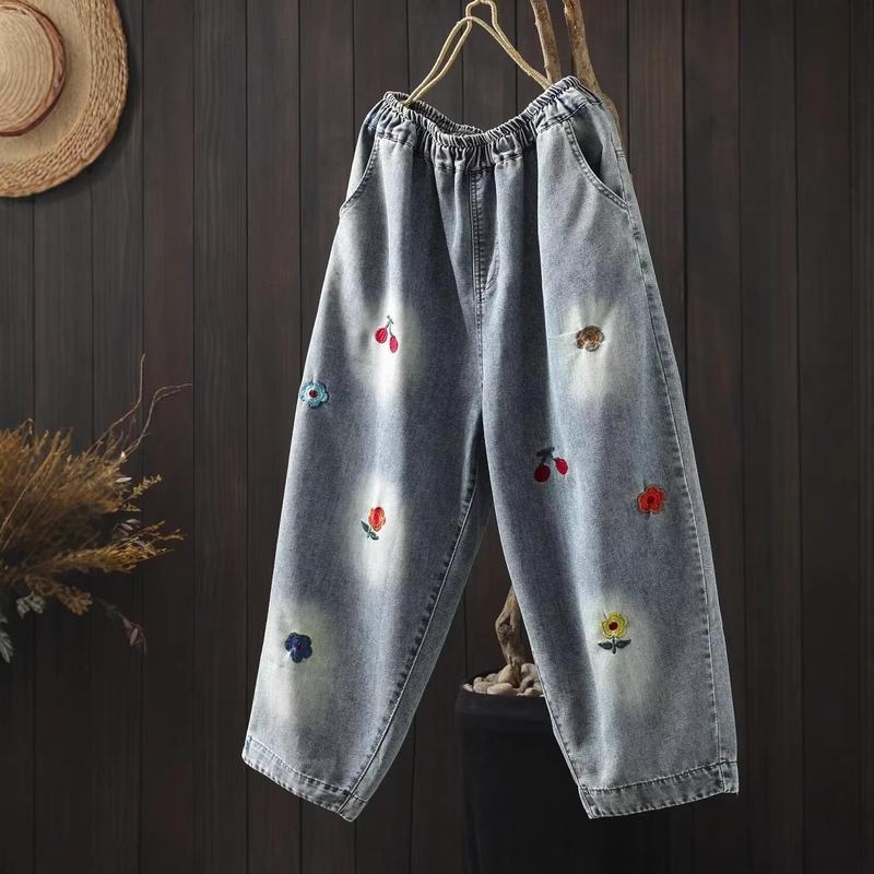 デニムパンツ レディース ジーンズ 花柄 刺繍 さくらんぼ ワイドパンツ