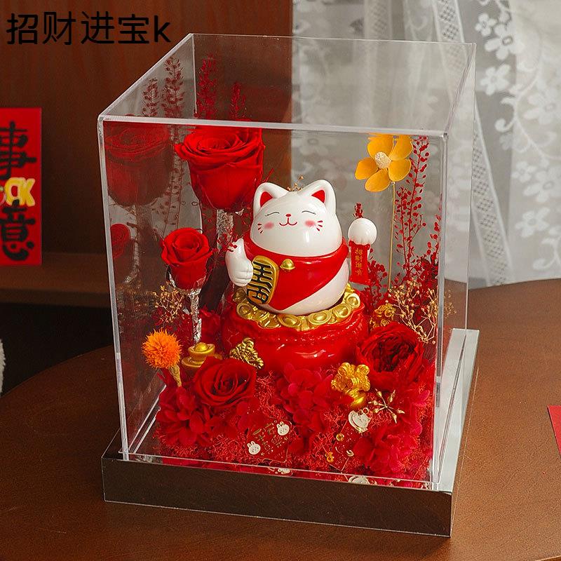 ガラスドーム 永遠の花 招き猫 プリザーブドフラワー プレゼント 赤