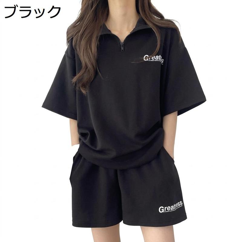 セットアップ レディース 上下セット 短パン 半袖 夏 ハーフジップ