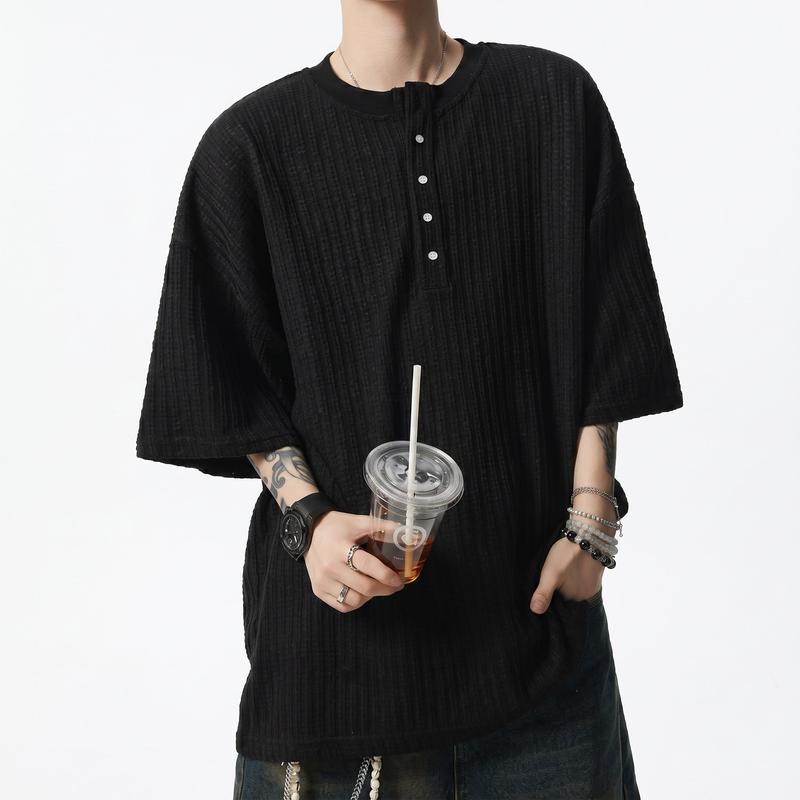 ヘンリーネック Tシャツ メンズ 半袖 ワッフル リブ オーバーサイズ