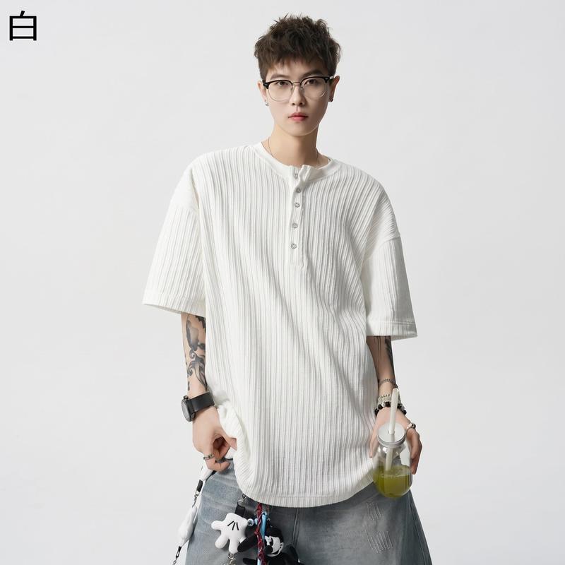 ヘンリーネック Tシャツ メンズ 半袖 ワッフル リブ オーバーサイズ
