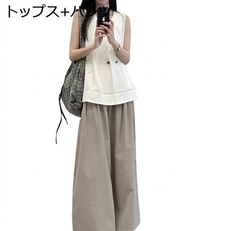 セットアップ レディース ノースリーブ チュニック ワイドパンツ