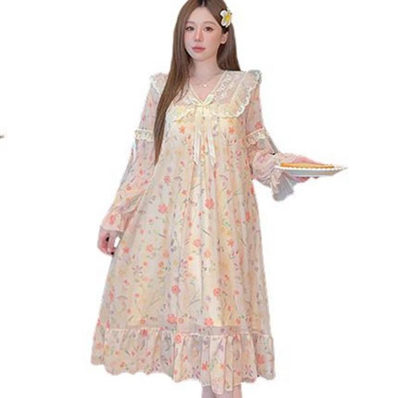 姫系 ネグリジェ M-2XL 花柄 リボン パジャマ レディース ルームウェア