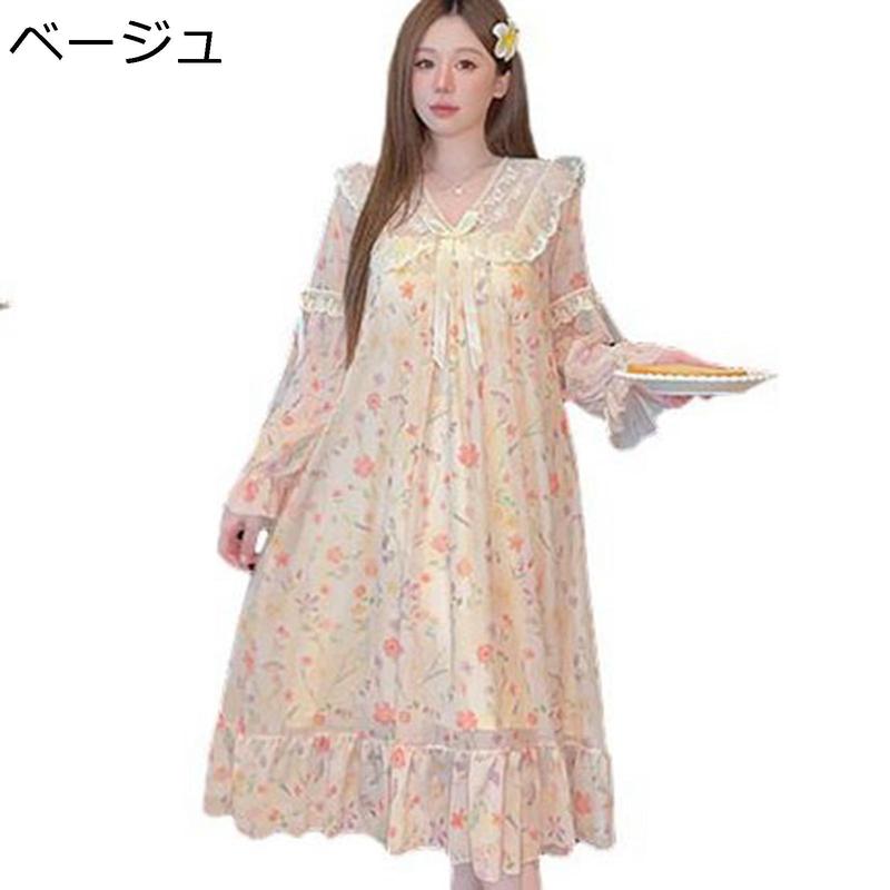 姫系 ネグリジェ M-2XL 花柄 リボン パジャマ レディース ルームウェア