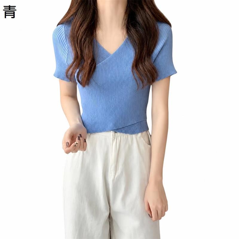 ニットトップス 半袖 夏 レディース カシュクール リブニット オフィス