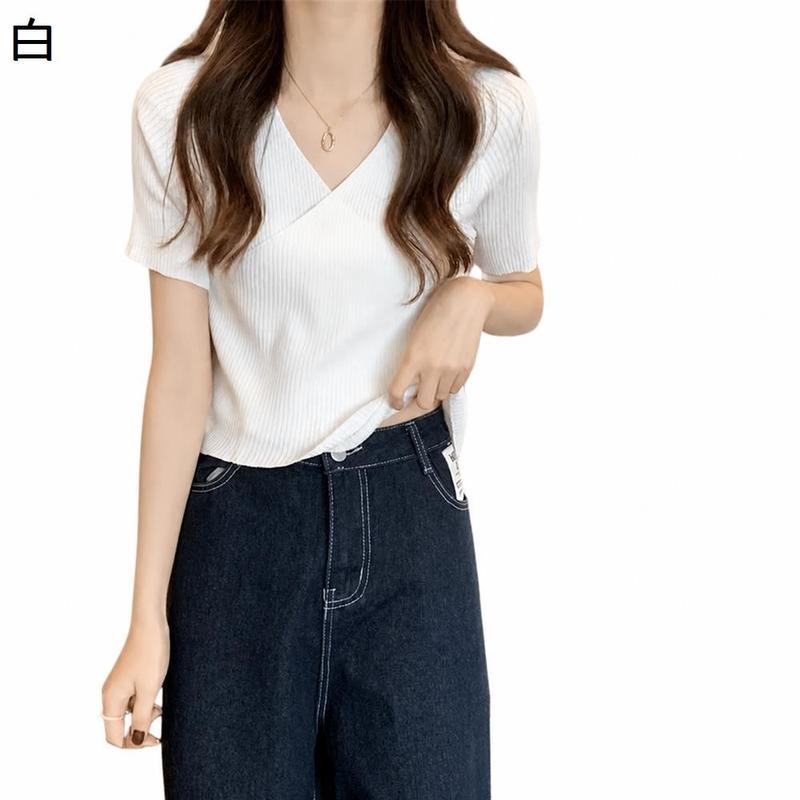 ニットトップス 半袖 夏 レディース カシュクール リブニット オフィス