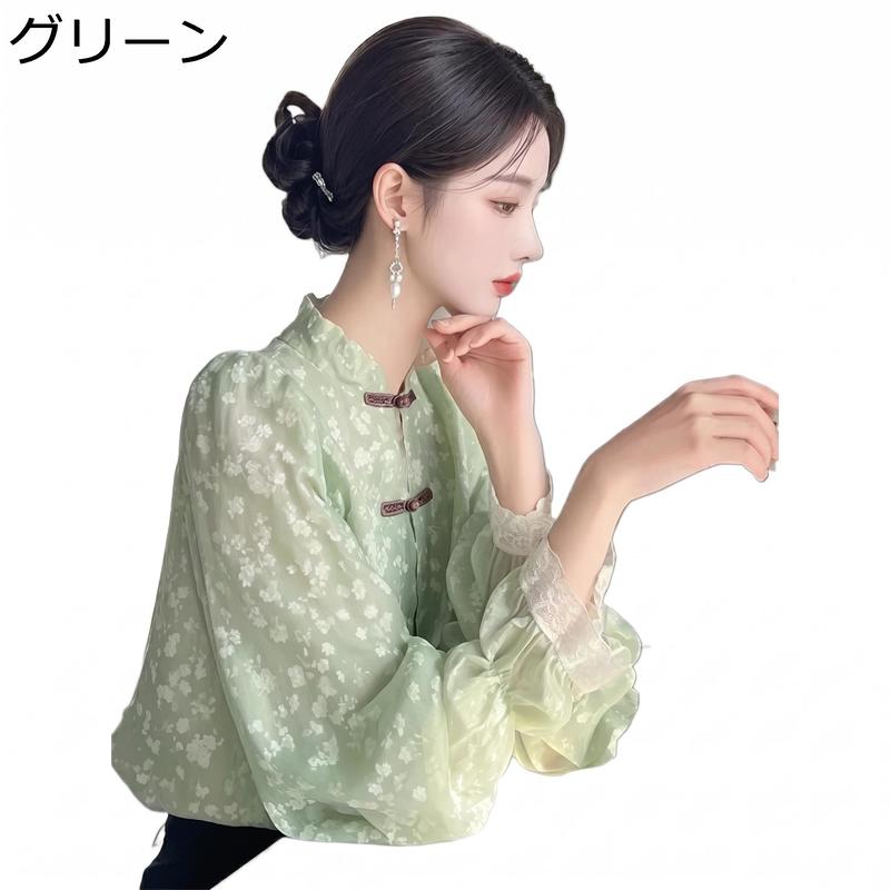 ブラウス レディース チャイナ風 シャツ 長袖 スタンドカラー チャイナ 