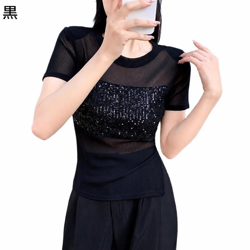 Tシャツ レディース 半袖 トップス カットソー スパンコール シアー