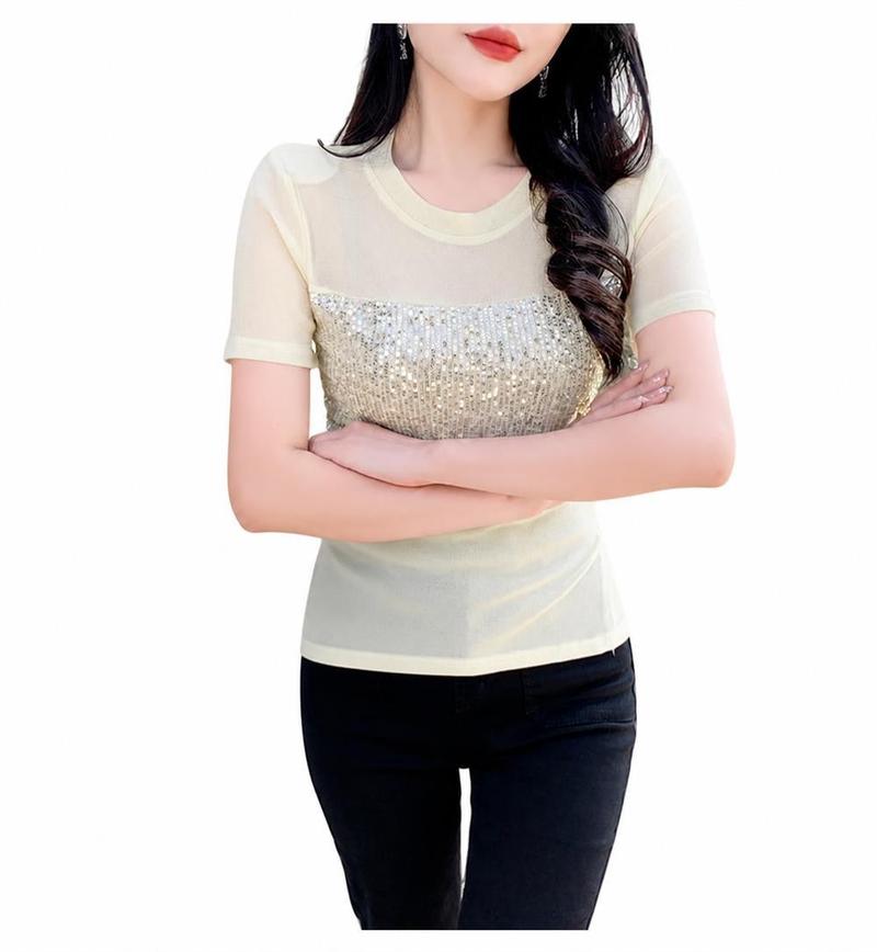 Tシャツ レディース 半袖 トップス カットソー スパンコール シアー