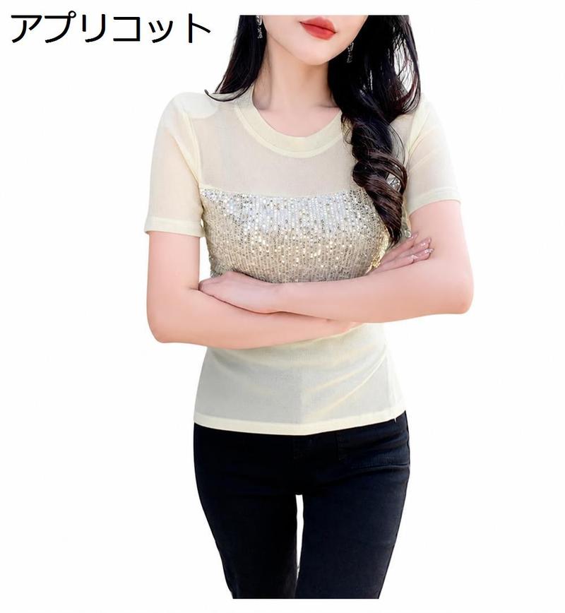 Tシャツ レディース 半袖 トップス カットソー スパンコール シアー 