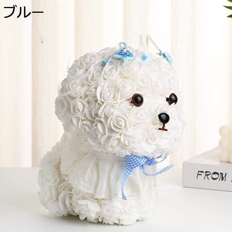 犬型 シャボンフラワー（ホワイト×グレー）ギフトボックス付き ドッグ型 マルチーズ ソープフラワー 造花 ローズ サンタ帽付き