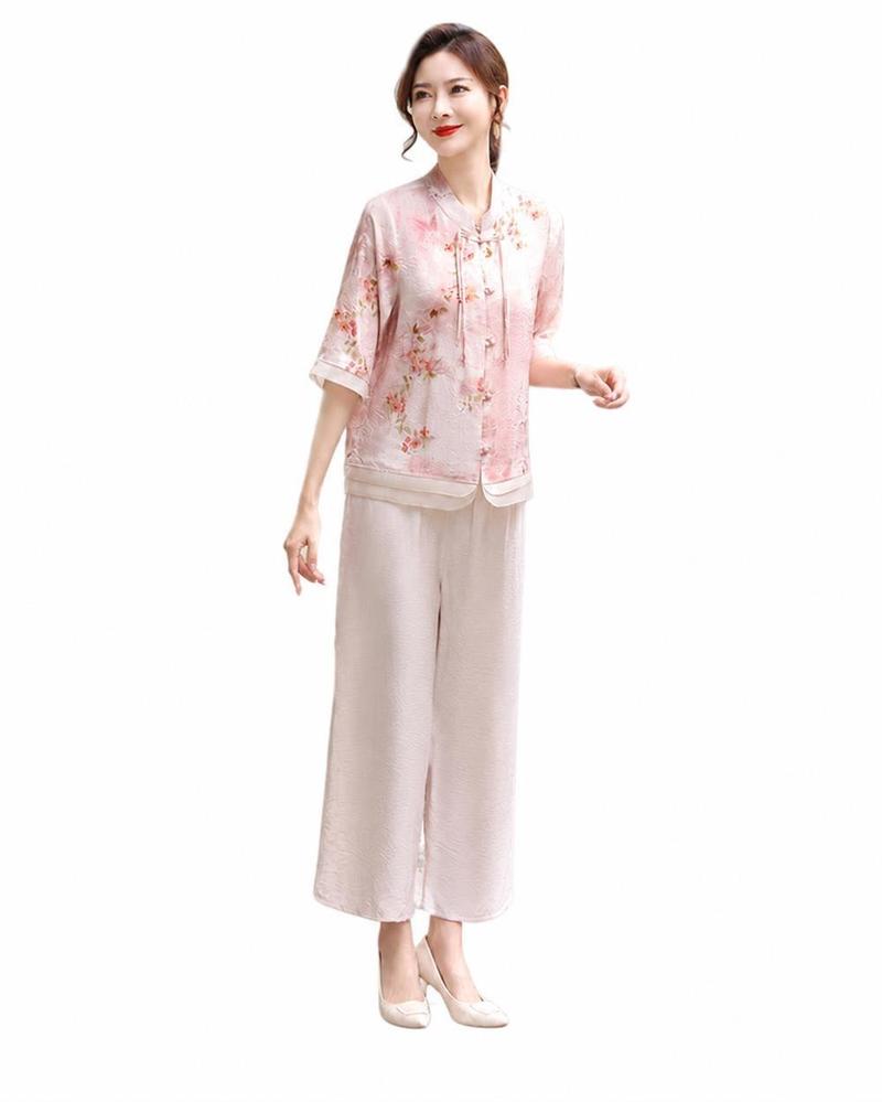 上下セット セットアップ チャイナ風 シフォンシャツ 花柄 ロング