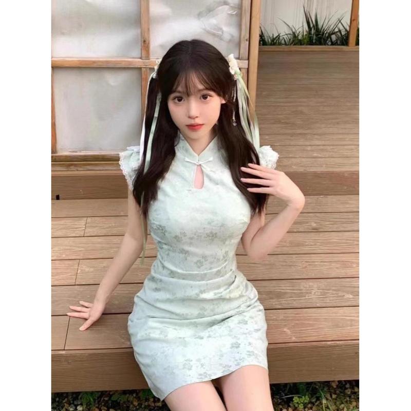チャイナドレス ワンピース レディース 中華風 モダン ミニ丈 半袖