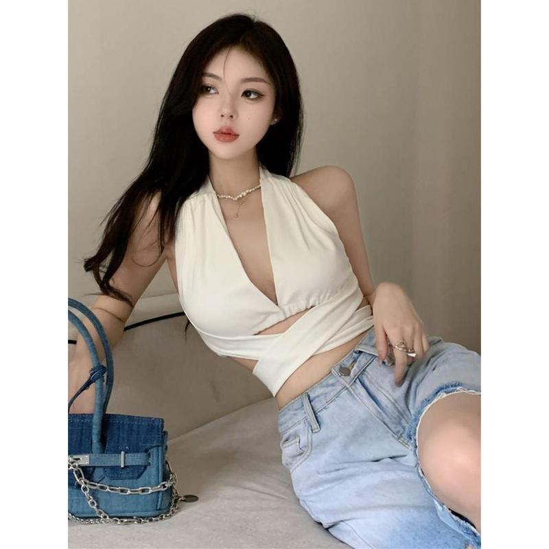 ホルターネック トップス セクシー クロスデザイン 深Vネック ショート