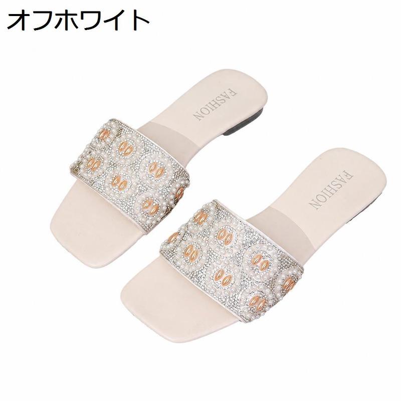 サンダル レディース ミュール ぺたんこ ビジュー パール ラインス