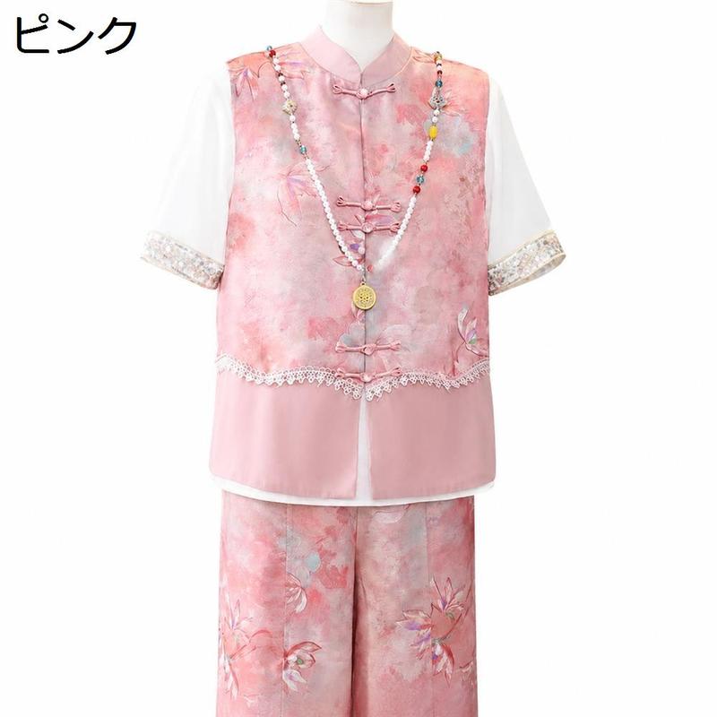 チャイナドレス風 セットアップ レディースシャツ ロングパンツ ワイド