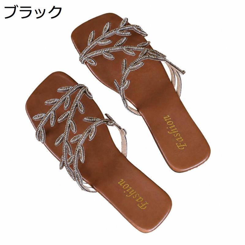 サンダル レディース 夏 ビジュー ラインス フラット ミュール