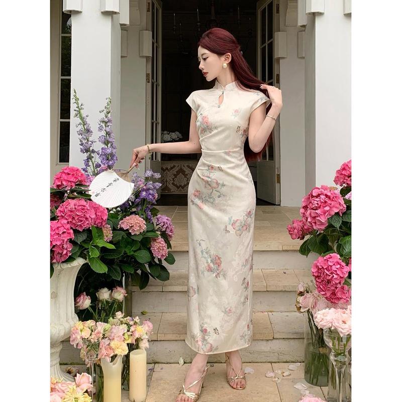 8【美品】HIROKO BIS フラワープリント　チャイナドレス風ワンピース チャイナドレス ロング ワンピース 改良型 旗袍 立ち襟 花柄 フレンチ
