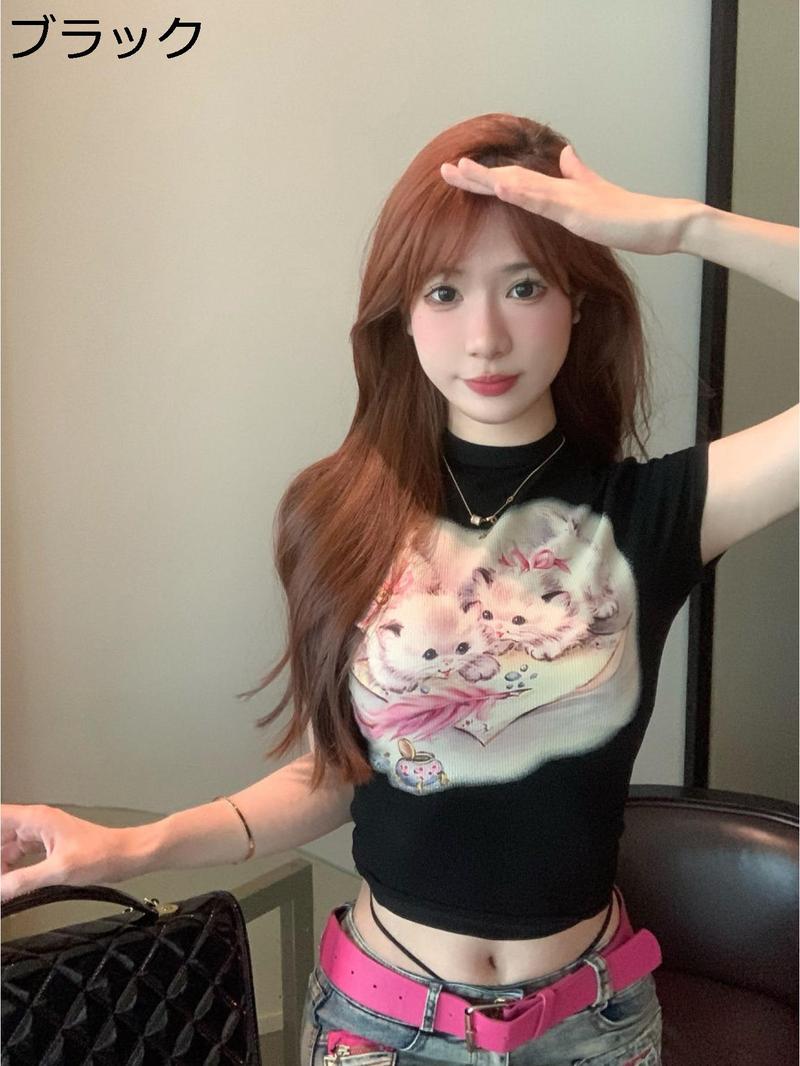 Tシャツ レディース 半袖 猫 プリント ショート丈 クロップド タイト