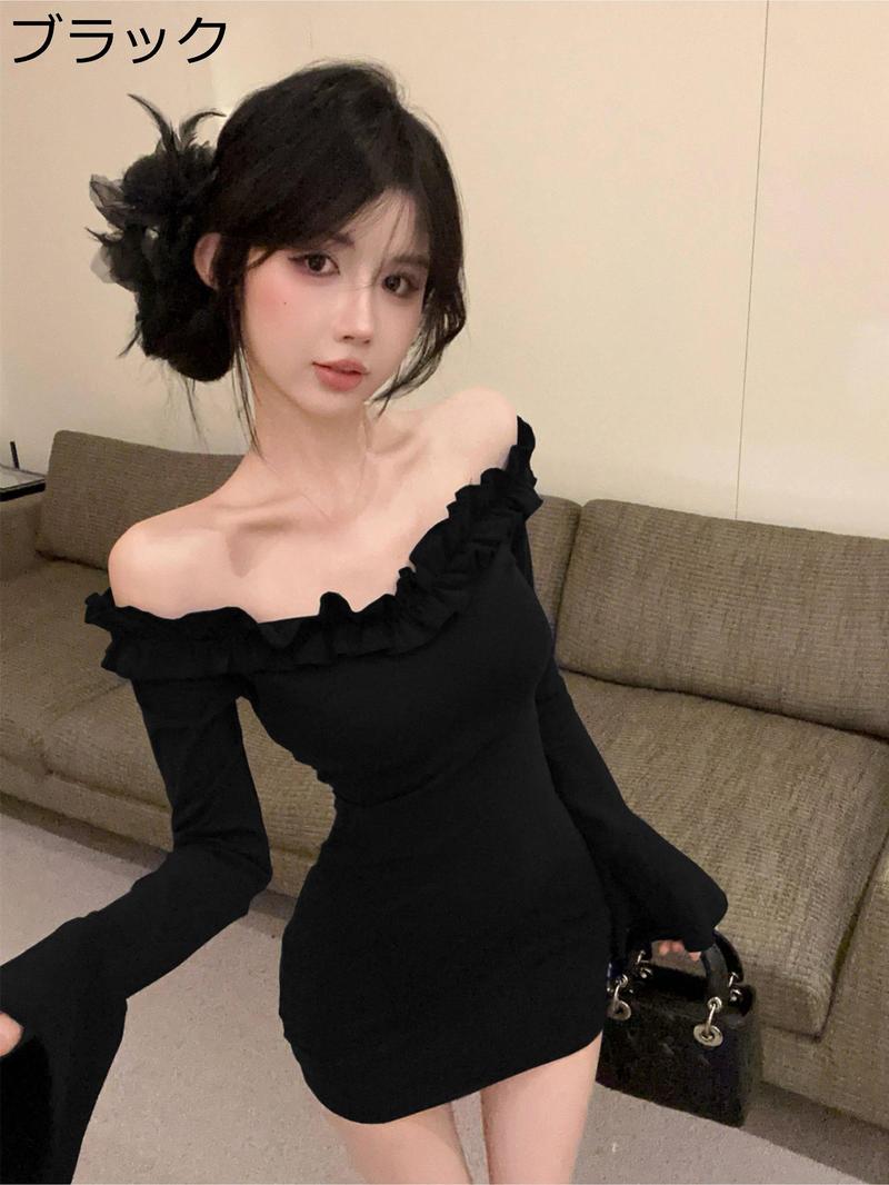 タイトワンピース オフショルダー フリル ミニ丈 長袖 セクシー 肩出し