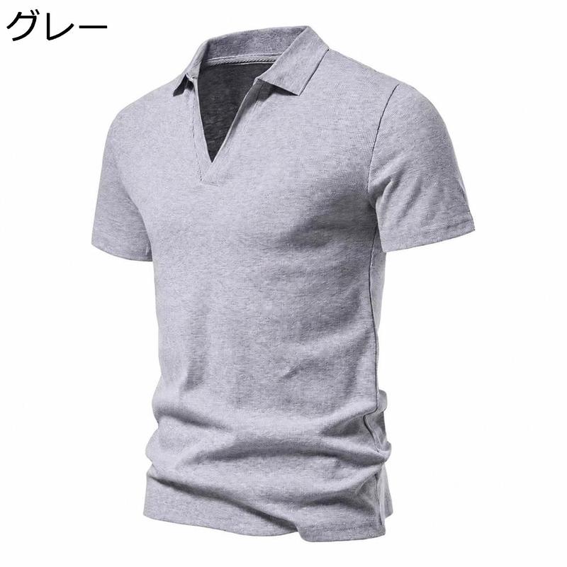 ポロシャツ メンズ 半袖 スキッパー Vネック 襟付き カットソー スリム